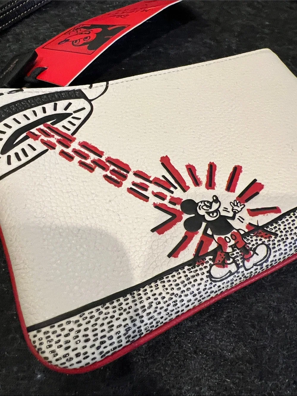 Coach White Leather Mickey Mouse Wristlet with Red and Black Kieth Haring NWT